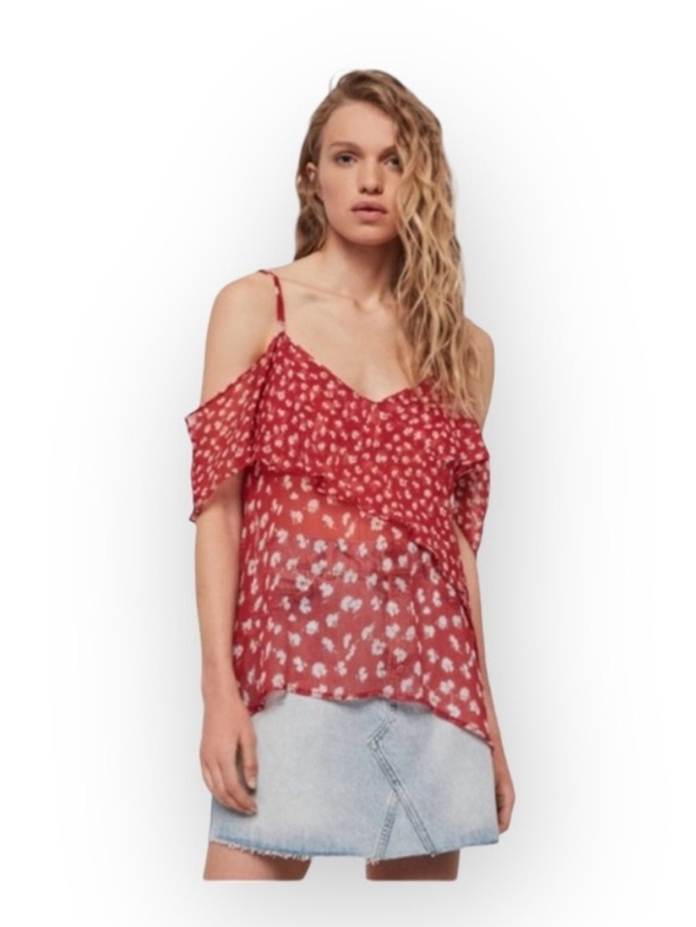 new Allsaints ꕥ Off Shoulder Ruffled Silk Floral Print Top ꕥ Red ꕥ Wear 2 Ways - Picture 15 of 16